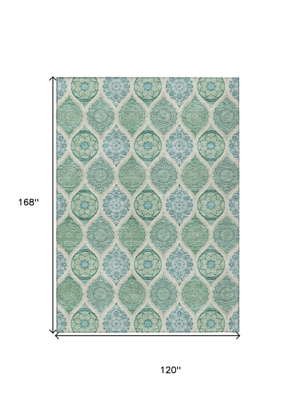 HomeRoots 5' Floral Medallion Area Rug in Sage, Ivory & Teal Blue – Durable, Washable Design for Indoor/Outdoor Use 10' X 14' 614634