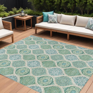 HomeRoots 5' Floral Medallion Area Rug in Sage, Ivory & Teal Blue – Durable, Washable Design for Indoor/Outdoor Use 10' X 14' 614634
