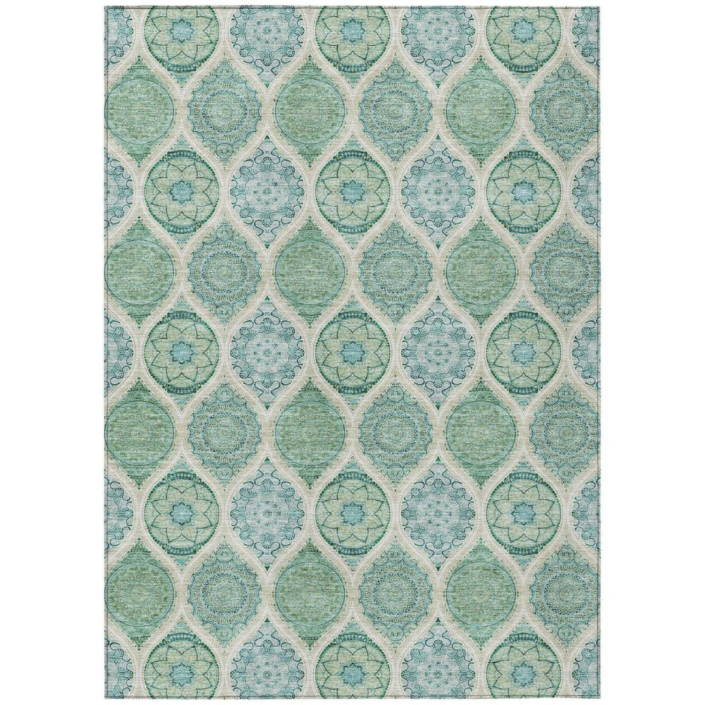 HomeRoots 5' Floral Medallion Area Rug in Sage, Ivory & Teal Blue – Durable, Washable Design for Indoor/Outdoor Use 10' X 14' 614634