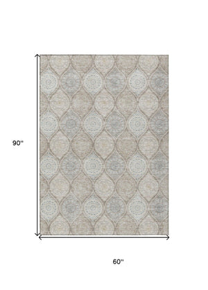 HomeRoots 5' Floral Medallion Area Rug in Taupe Beige & Khaki - Durable, Washable for Indoor & Outdoor Use 5' X 8' 614636