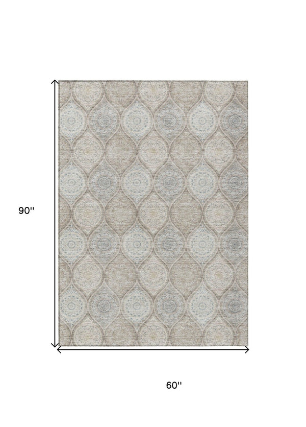 HomeRoots 5' Floral Medallion Area Rug in Taupe Beige & Khaki - Durable, Washable for Indoor & Outdoor Use 5' X 8' 614636