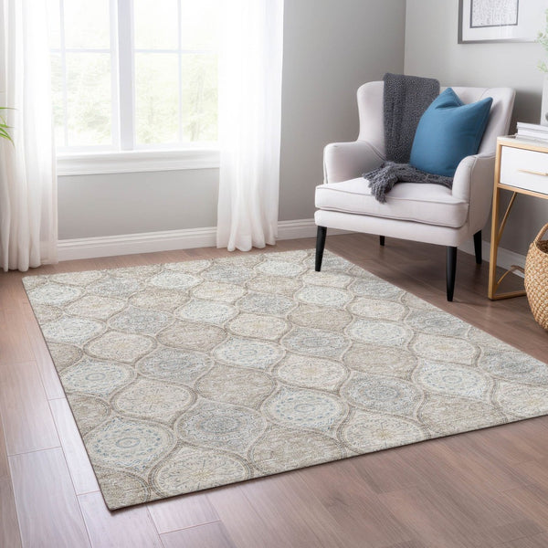 HomeRoots 5' Floral Medallion Area Rug in Taupe Beige & Khaki - Durable, Washable for Indoor & Outdoor Use 5' X 8' 614636