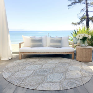 HomeRoots 5' Floral Medallion Area Rug in Taupe Beige & Khaki - Durable, Washable for Indoor & Outdoor Use 8' Round 614637