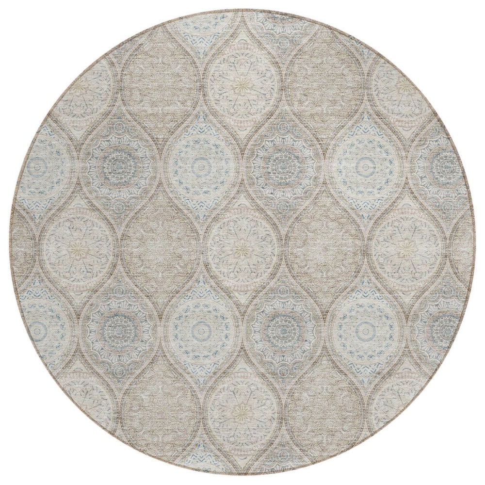 HomeRoots 5' Floral Medallion Area Rug in Taupe Beige & Khaki - Durable, Washable for Indoor & Outdoor Use 8' Round 614637
