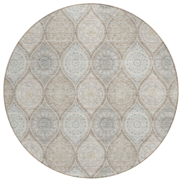 HomeRoots 5' Floral Medallion Area Rug in Taupe Beige & Khaki - Durable, Washable for Indoor & Outdoor Use 8' Round 614637