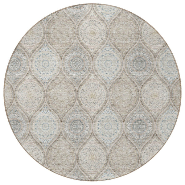 HomeRoots 5' Floral Medallion Area Rug in Taupe Beige & Khaki - Durable, Washable for Indoor & Outdoor Use 8' Round 614637