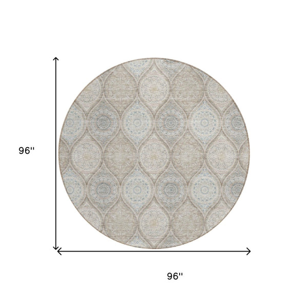 HomeRoots 5' Floral Medallion Area Rug in Taupe Beige & Khaki - Durable, Washable for Indoor & Outdoor Use 8' Round 614637