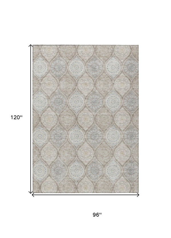 HomeRoots 5' Floral Medallion Area Rug in Taupe Beige & Khaki - Durable, Washable for Indoor & Outdoor Use 8' X 10' 614638