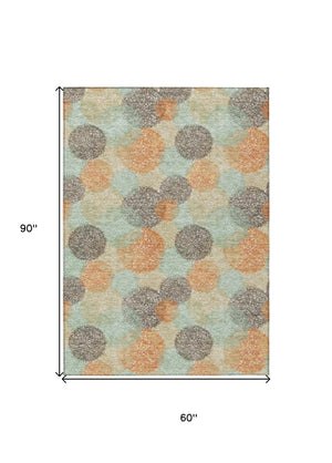 HomeRoots 5' Washable Indoor Outdoor Area Rug in Beige with Aqua and Orange Polka Dots for Any Space 5' X 8' 614648