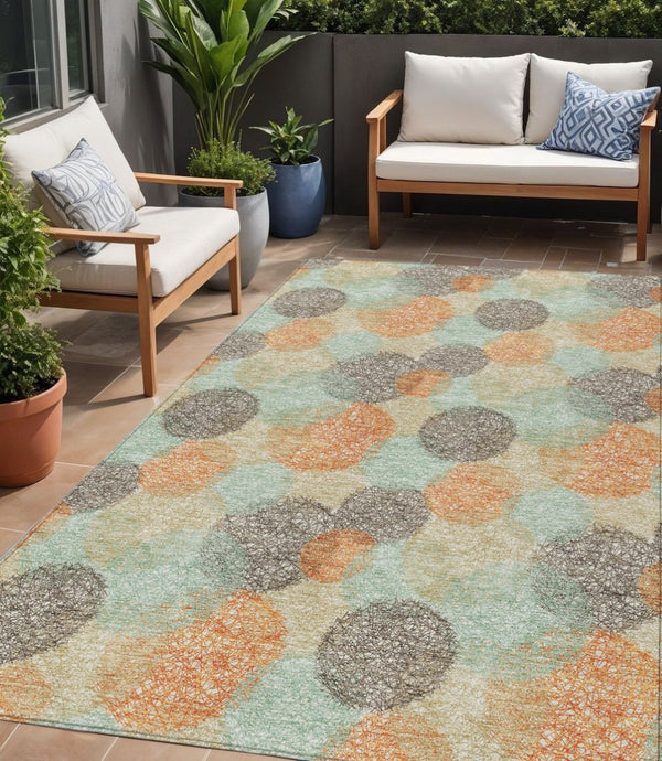 HomeRoots 5' Washable Indoor Outdoor Area Rug in Beige with Aqua and Orange Polka Dots for Any Space 5' X 8' 614648