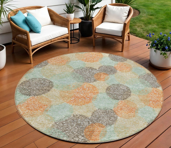 HomeRoots 5' Washable Indoor Outdoor Area Rug in Beige with Aqua and Orange Polka Dots for Any Space 8' Round 614649