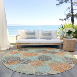 HomeRoots 5' Washable Indoor Outdoor Area Rug in Beige with Aqua and Orange Polka Dots for Any Space 8' Round 614649
