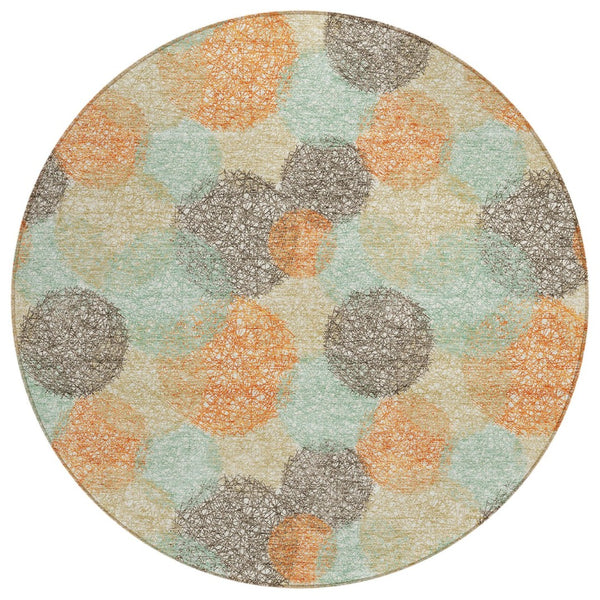 HomeRoots 5' Washable Indoor Outdoor Area Rug in Beige with Aqua and Orange Polka Dots for Any Space 8' Round 614649
