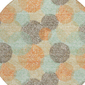 HomeRoots 5' Washable Indoor Outdoor Area Rug in Beige with Aqua and Orange Polka Dots for Any Space 8' Round 614649