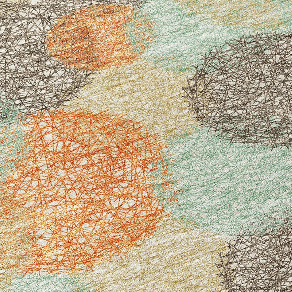 HomeRoots 5' Washable Indoor Outdoor Area Rug in Beige with Aqua and Orange Polka Dots for Any Space 8' Round 614649
