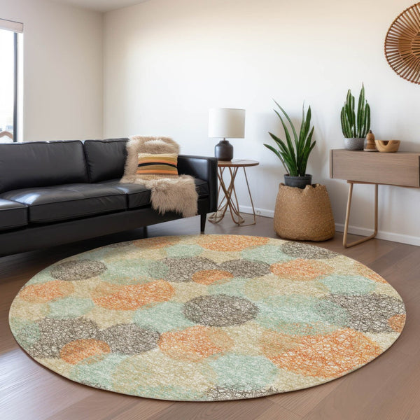 HomeRoots 5' Washable Indoor Outdoor Area Rug in Beige with Aqua and Orange Polka Dots for Any Space 8' Round 614649