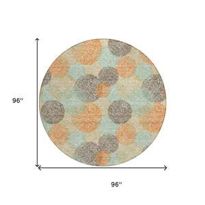 HomeRoots 5' Washable Indoor Outdoor Area Rug in Beige with Aqua and Orange Polka Dots for Any Space 8' Round 614649