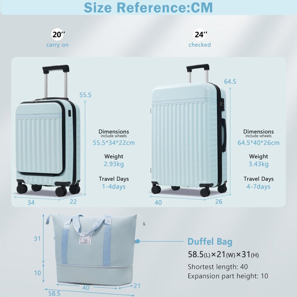 English Elm Front Access Hardside 3 Piece Travel Set with Usb Port Spinner Wheels and Tsa Lock Light Blue N732P326130N