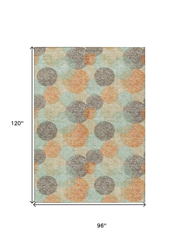 HomeRoots 5' Washable Indoor Outdoor Area Rug in Beige with Aqua and Orange Polka Dots for Any Space 8' X 10' 614650