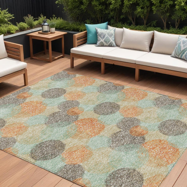 HomeRoots 5' Washable Indoor Outdoor Area Rug in Beige with Aqua and Orange Polka Dots for Any Space 8' X 10' 614650