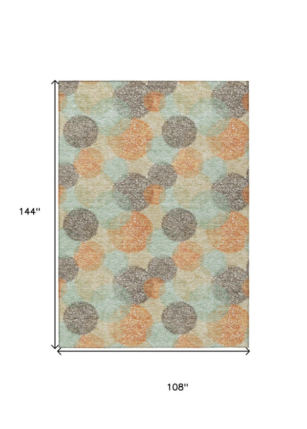 HomeRoots 5' Washable Indoor Outdoor Area Rug in Beige with Aqua and Orange Polka Dots for Any Space 9' X 12' 614651