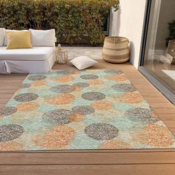 HomeRoots 5' Washable Indoor Outdoor Area Rug in Beige with Aqua and Orange Polka Dots for Any Space 9' X 12' 614651