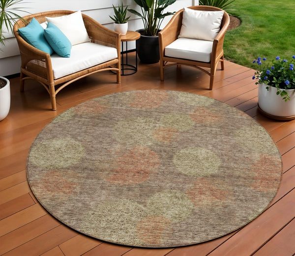 HomeRoots 5' Washable Indoor Outdoor Area Rug with Brown, Taupe, and Sage Polka Dot Design, Kid & Pet Friendly 8' Round 614655