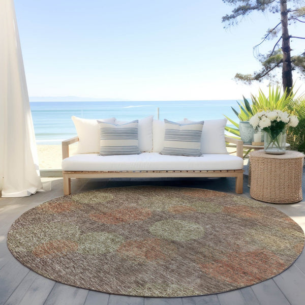 HomeRoots 5' Washable Indoor Outdoor Area Rug with Brown, Taupe, and Sage Polka Dot Design, Kid & Pet Friendly 8' Round 614655