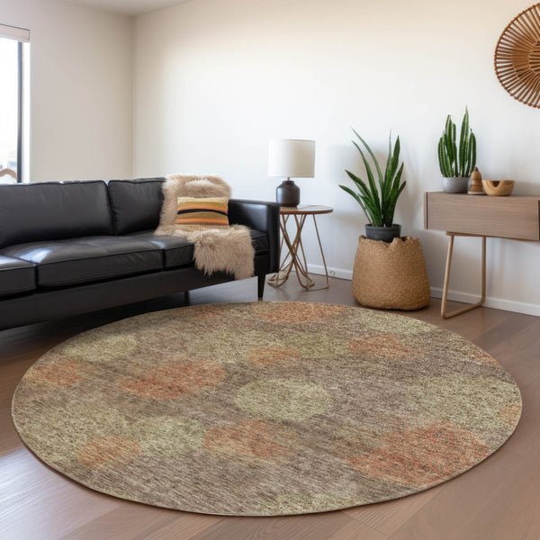 HomeRoots 5' Washable Indoor Outdoor Area Rug with Brown, Taupe, and Sage Polka Dot Design, Kid & Pet Friendly 8' Round 614655