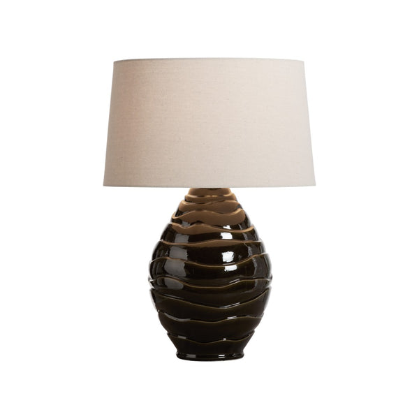 Wildwood Cono Handcrafted Ceramic Lamp With Tiered Greenish-Brown Glaze And Warm Linen Shade For Cozy Spaces 61466