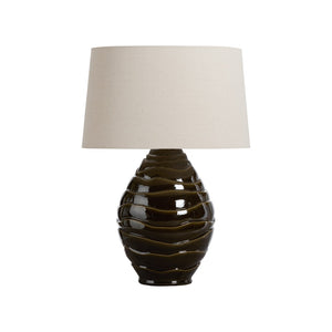 Wildwood Cono Handcrafted Ceramic Lamp With Tiered Greenish-Brown Glaze And Warm Linen Shade For Cozy Spaces 61466