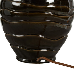 Wildwood Cono Handcrafted Ceramic Lamp With Tiered Greenish-Brown Glaze And Warm Linen Shade For Cozy Spaces 61466