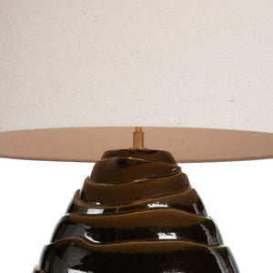 Wildwood Cono Handcrafted Ceramic Lamp With Tiered Greenish-Brown Glaze And Warm Linen Shade For Cozy Spaces 61466