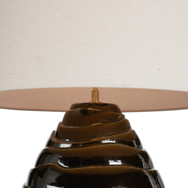 Wildwood Cono Handcrafted Ceramic Lamp With Tiered Greenish-Brown Glaze And Warm Linen Shade For Cozy Spaces 61466