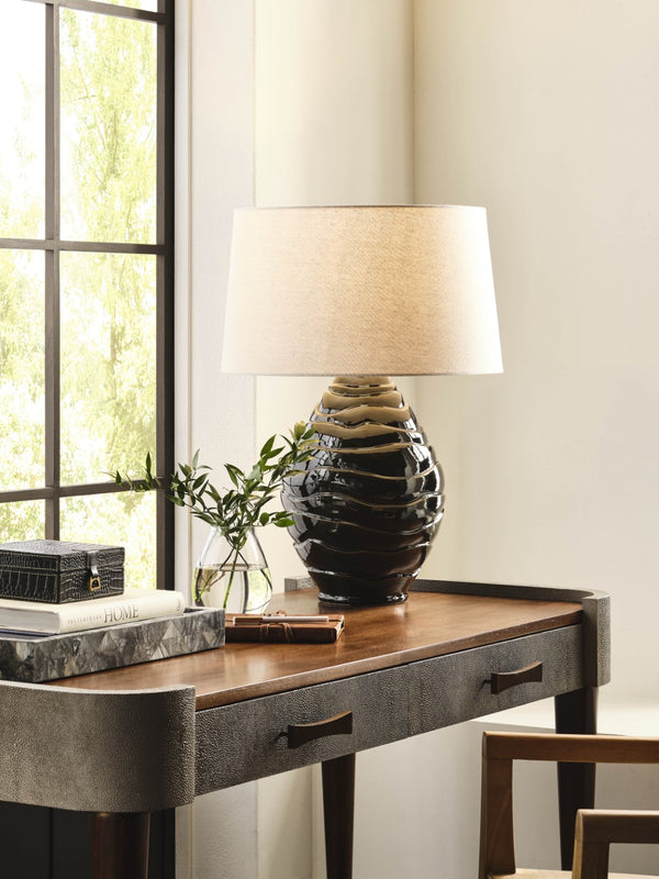 Wildwood Cono Handcrafted Ceramic Lamp With Tiered Greenish-Brown Glaze And Warm Linen Shade For Cozy Spaces 61466