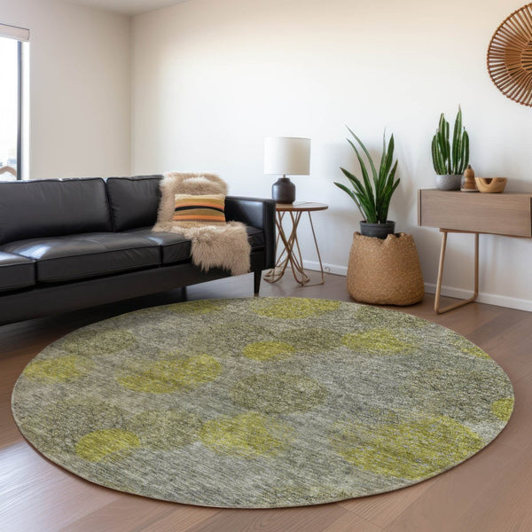 HomeRoots 5' Modern Gray Lime Green & Silver Polka Dot Washable Area Rug for Indoor & Outdoor Spaces 8' Round 614679