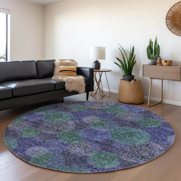 HomeRoots 5' Playful Polka Dot Area Rug in Purple and Green - Washable, Durable for Indoor & Outdoor Use 8' Round 614697