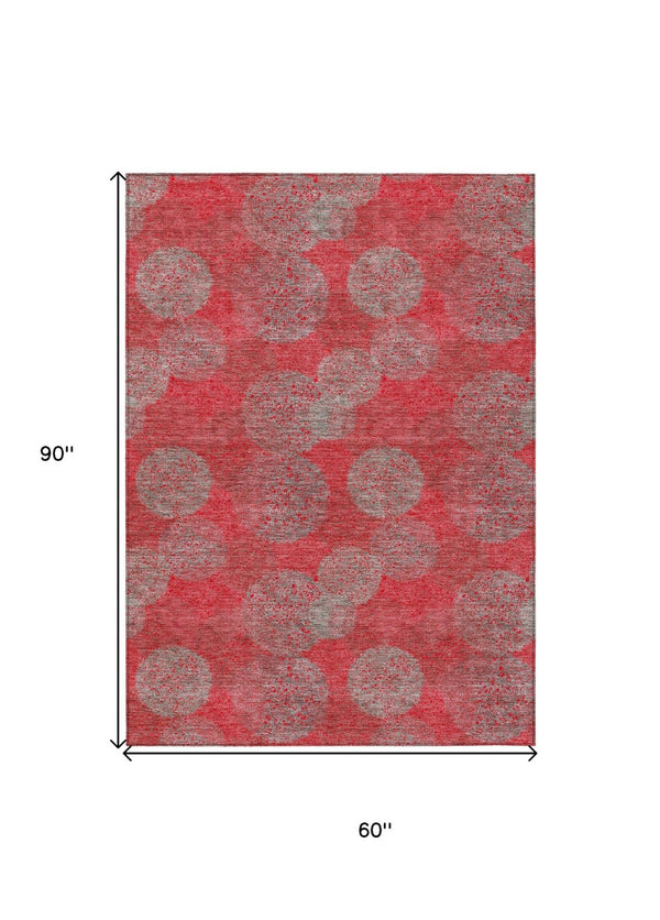 HomeRoots 5' Elevate Your Space with a Bold Red, Gray & Silver Polka Dot Indoor-Outdoor Area Rug, Machine Washable 5' X 8' 614702