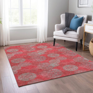 HomeRoots 5' Elevate Your Space with a Bold Red, Gray & Silver Polka Dot Indoor-Outdoor Area Rug, Machine Washable 5' X 8' 614702