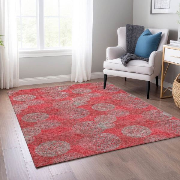 HomeRoots 5' Elevate Your Space with a Bold Red, Gray & Silver Polka Dot Indoor-Outdoor Area Rug, Machine Washable 5' X 8' 614702
