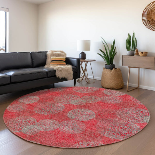 HomeRoots 5' Elevate Your Space with a Bold Red, Gray & Silver Polka Dot Indoor-Outdoor Area Rug, Machine Washable 8' Round 614703