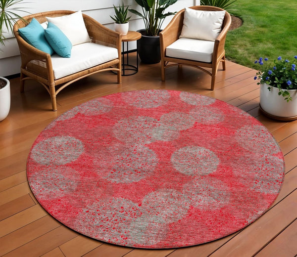 HomeRoots 5' Elevate Your Space with a Bold Red, Gray & Silver Polka Dot Indoor-Outdoor Area Rug, Machine Washable 8' Round 614703