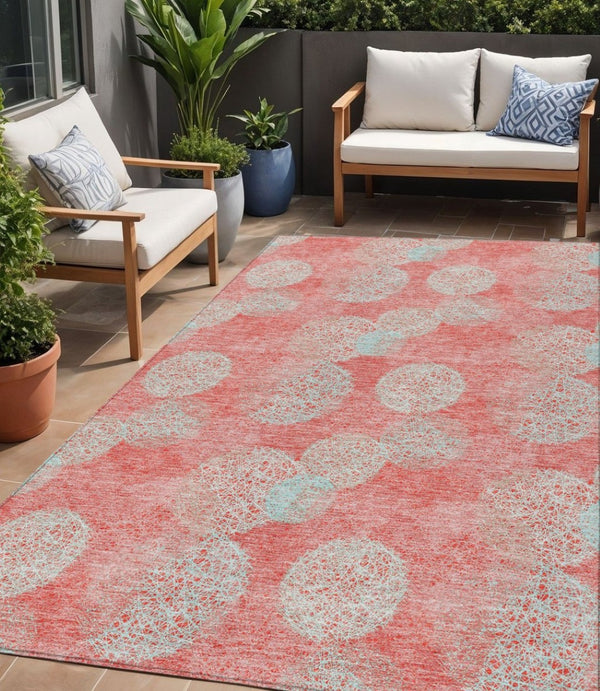 HomeRoots 5' Polka Dot Indoor Outdoor Area Rug in Salmon, Ivory & Sky Blue - Washable, Durable & Cheerful Accent 5' X 8' 614708