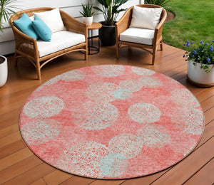 HomeRoots 5' Polka Dot Indoor Outdoor Area Rug in Salmon, Ivory & Sky Blue - Washable, Durable & Cheerful Accent 8' Round 614709