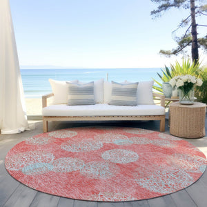 HomeRoots 5' Polka Dot Indoor Outdoor Area Rug in Salmon, Ivory & Sky Blue - Washable, Durable & Cheerful Accent 8' Round 614709