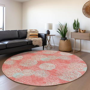 HomeRoots 5' Polka Dot Indoor Outdoor Area Rug in Salmon, Ivory & Sky Blue - Washable, Durable & Cheerful Accent 8' Round 614709