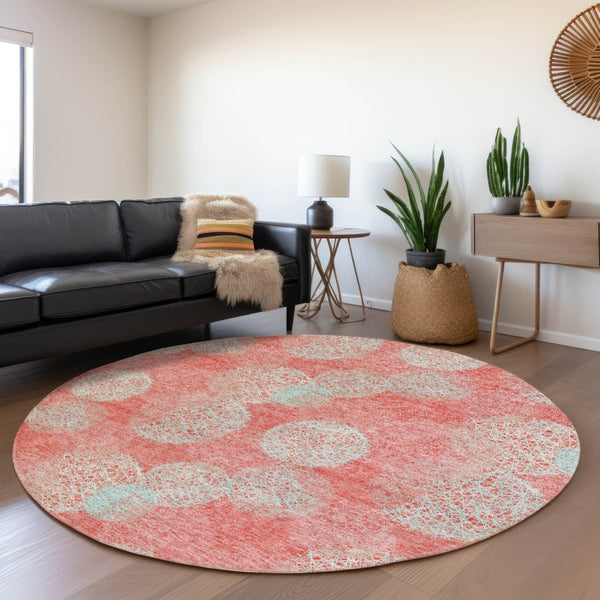 HomeRoots 5' Polka Dot Indoor Outdoor Area Rug in Salmon, Ivory & Sky Blue - Washable, Durable & Cheerful Accent 8' Round 614709