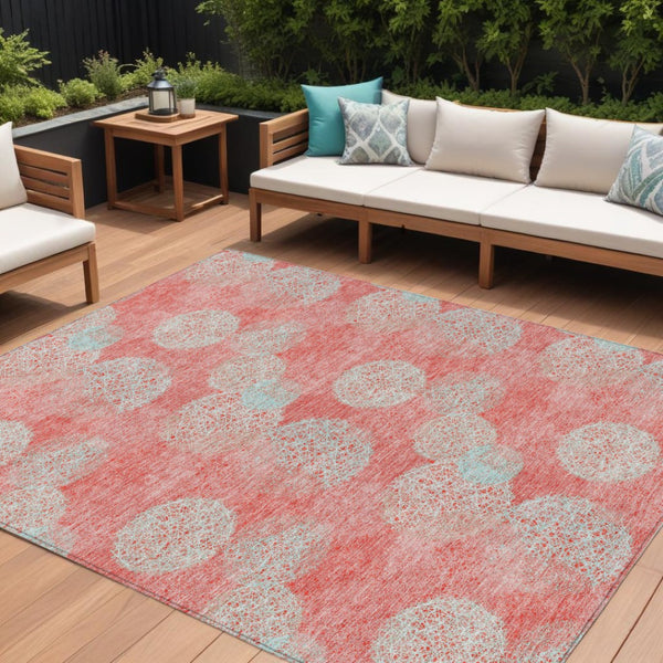 HomeRoots 5' Polka Dot Indoor Outdoor Area Rug in Salmon, Ivory & Sky Blue - Washable, Durable & Cheerful Accent 8' X 10' 614710