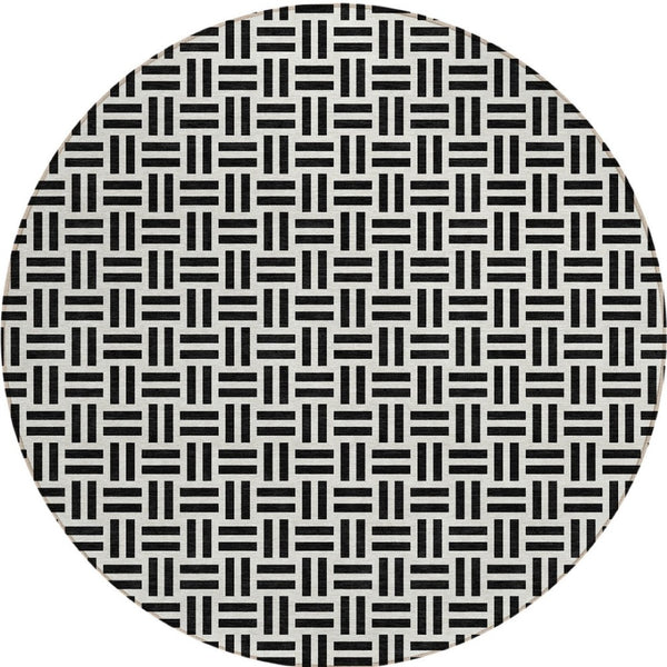HomeRoots 5' Stylish Black and Ivory Geometric Area Rug - Durable, Washable, Perfect for Indoor & Outdoor Spaces 8' Round 614721