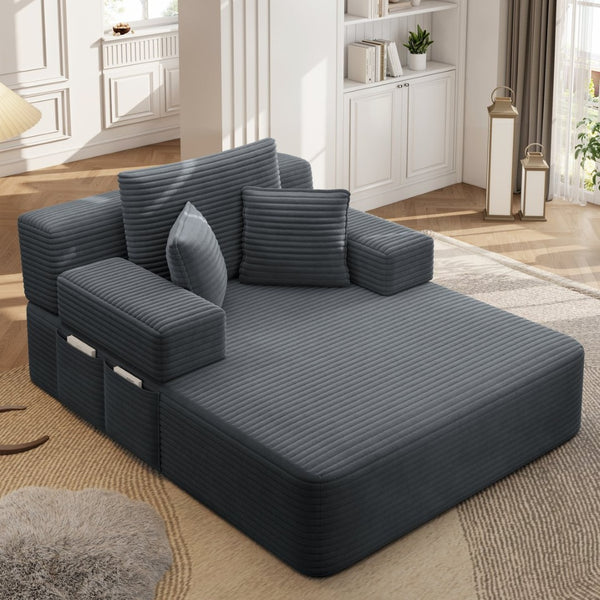English Elm Luxurious Corduroy Convertible Chaise Lounge Sofa Bed with Foam Support for Apartments Dark Gray W3219P449014